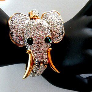 Rhinestone elephant bracelet - clear & green rhinestones - gold tone setting -7"